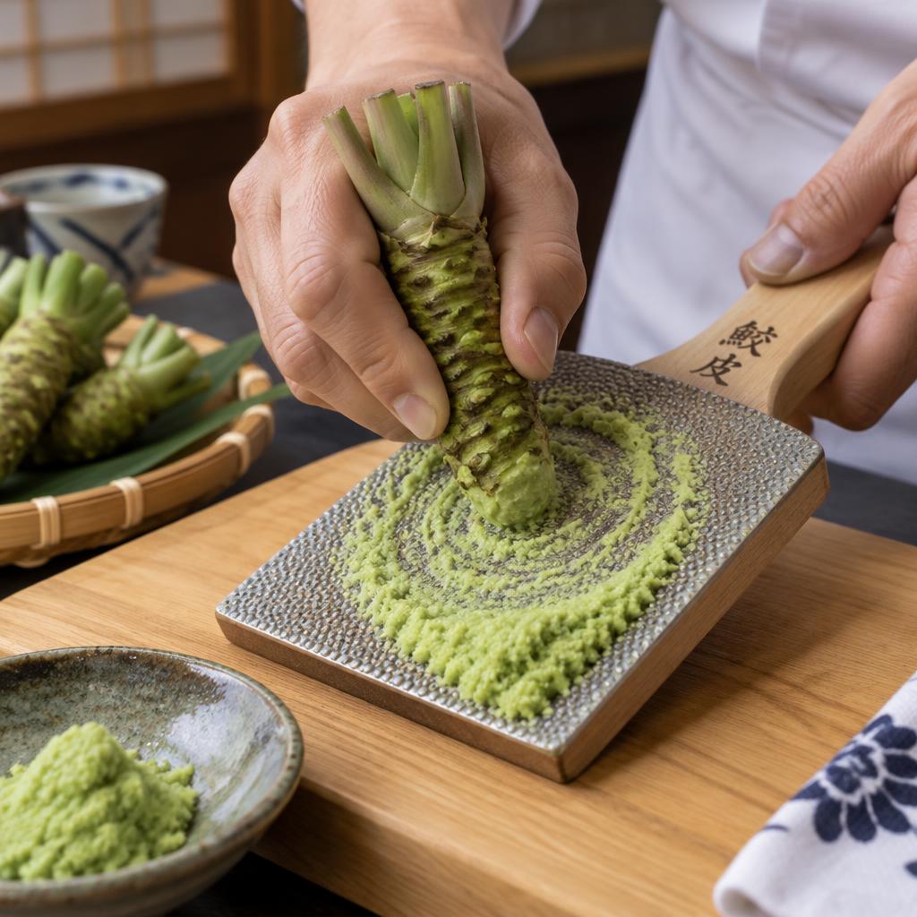 Grating wasabi on a sharkskin grater