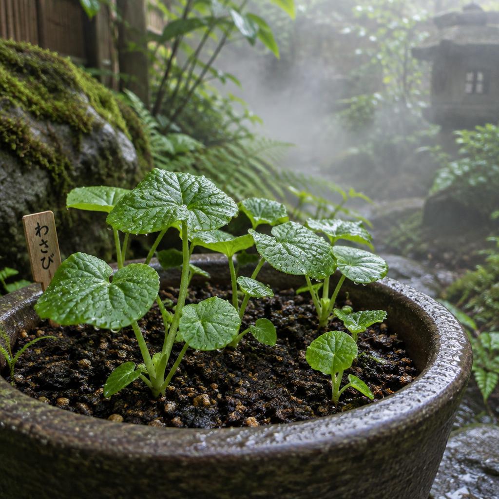 Young wasabi plants in a pot