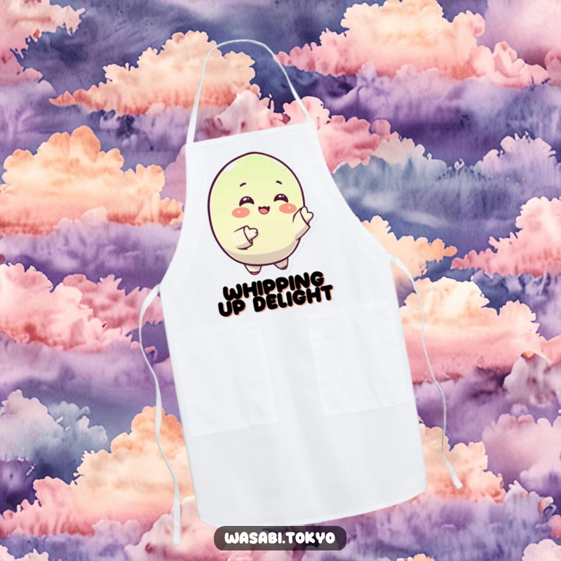Funny apron featuring a small, round, happy wasabi character gracefully gesturing with its sleeves, adding humor to cooking.