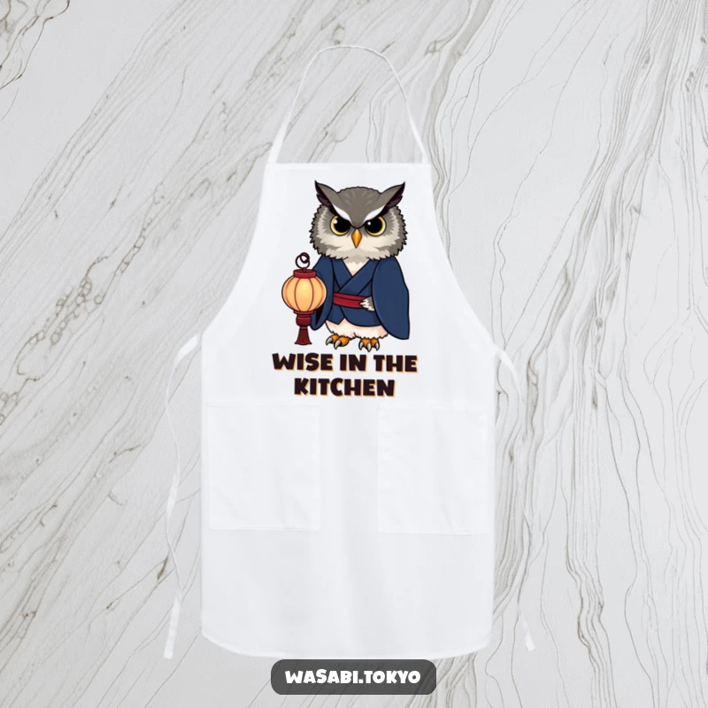 Funny owl in an indigo kimono holding a paper lantern on a kitchen apron, combining sophisticated style with humor, a great funny gift.