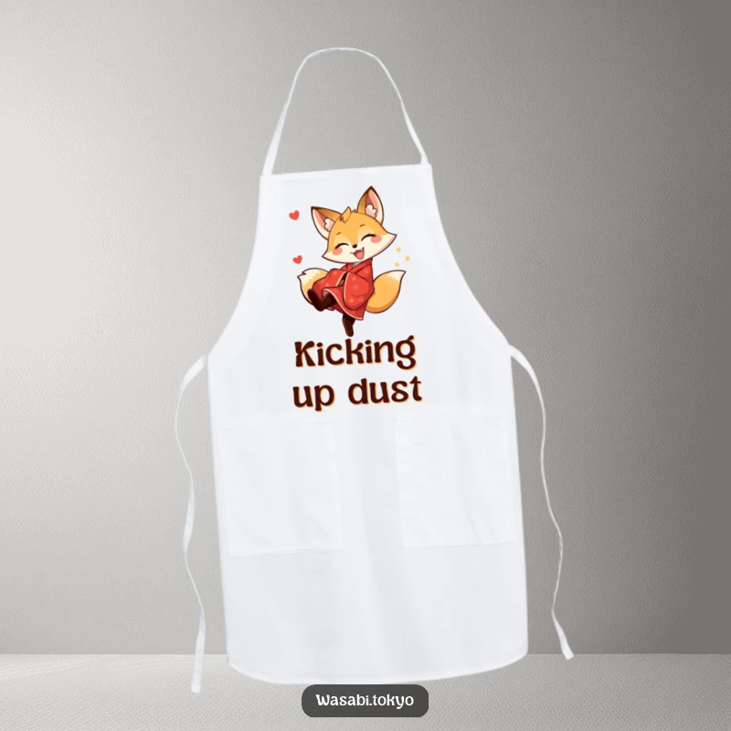 Funny fox in a red kimono executing a playful kick, printed on a kitchen apron for humorous cooking, a great funny gift.