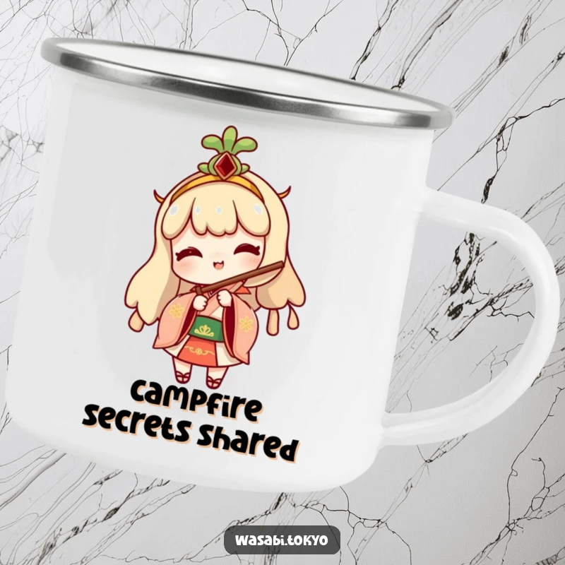Funny camping mug featuring a cheeky wasabi character in traditional attire, playfully peeking from behind a folding fan, perfect for outdoor enjoyment.