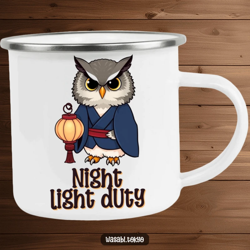 Funny owl in a sophisticated indigo kimono holding a paper lantern on a camping mug, perfect for wise outdoor moments, a classy funny gift.