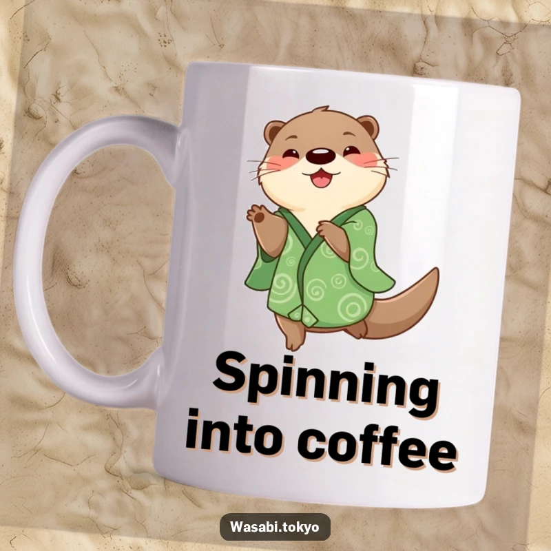 Funny playful otter in a green kimono doing a happy spin on a mug, radiating pure joy and energy, an ideal funny gift.