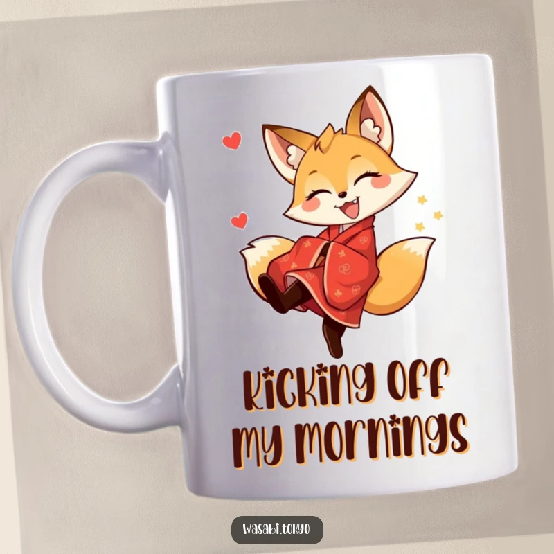 Funny fox in red kimono performing a joyful, energetic kick, showcasing playful spirit on a ceramic mug, ideal for gift.