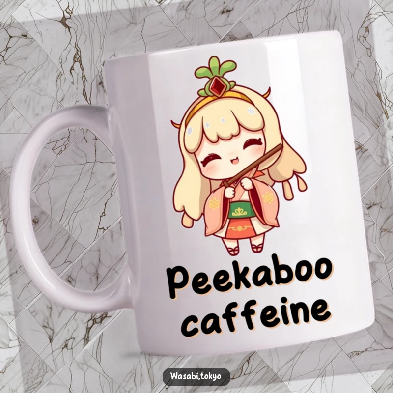 Funny mug featuring a cheeky wasabi character in traditional attire, playfully peeking from behind a folding fan with a sly smile.