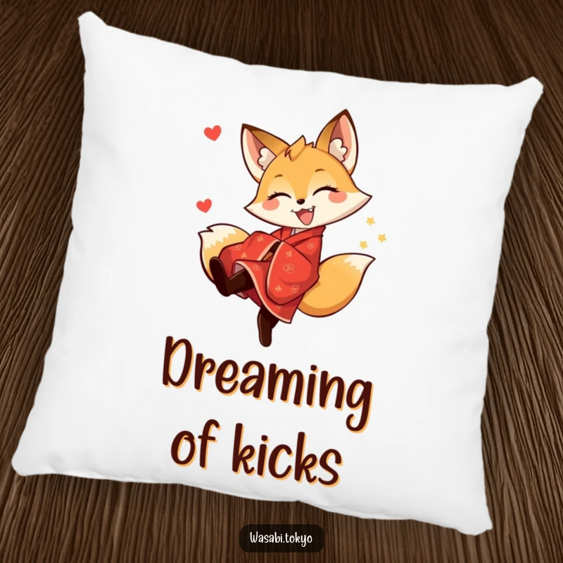 Funny fox in a red kimono doing a lively kick, featured on a soft pillow, providing a humorous decorative accent and gift.