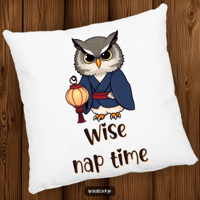Funny owl in a sophisticated indigo kimono holding a paper lantern on a soft pillow, providing comfort with wise humor, a cozy funny gift.