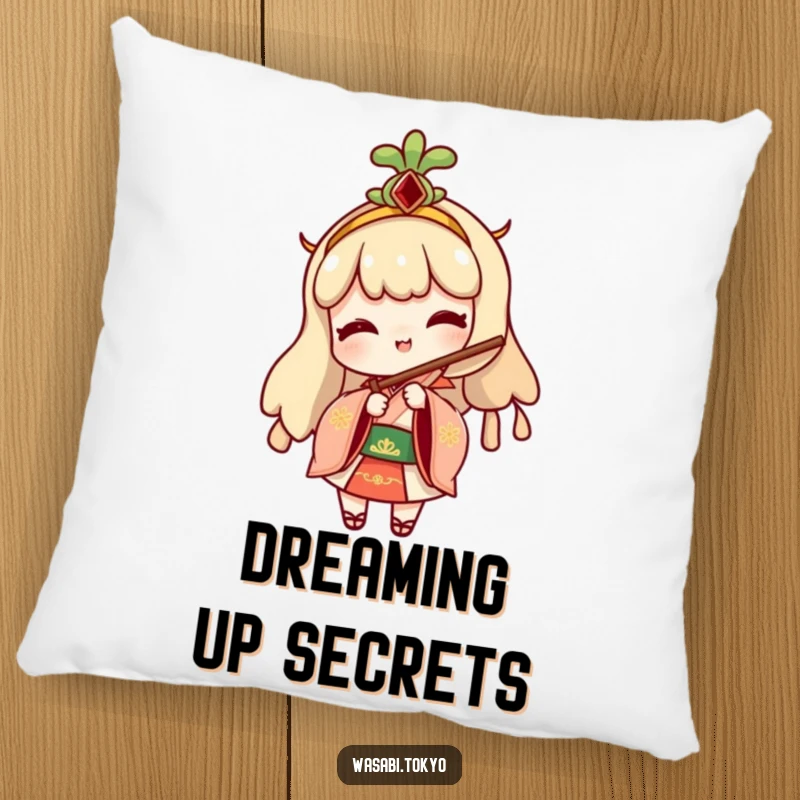 Funny pillow featuring a cheeky wasabi character in traditional attire, playfully peeking from behind a folding fan, offering comfort and a smile.