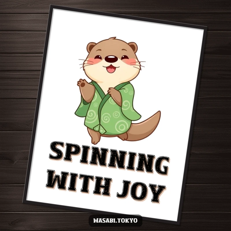 Funny playful otter in a green kimono performing a happy spin, high-resolution digital art print for energetic and fun wall decor.