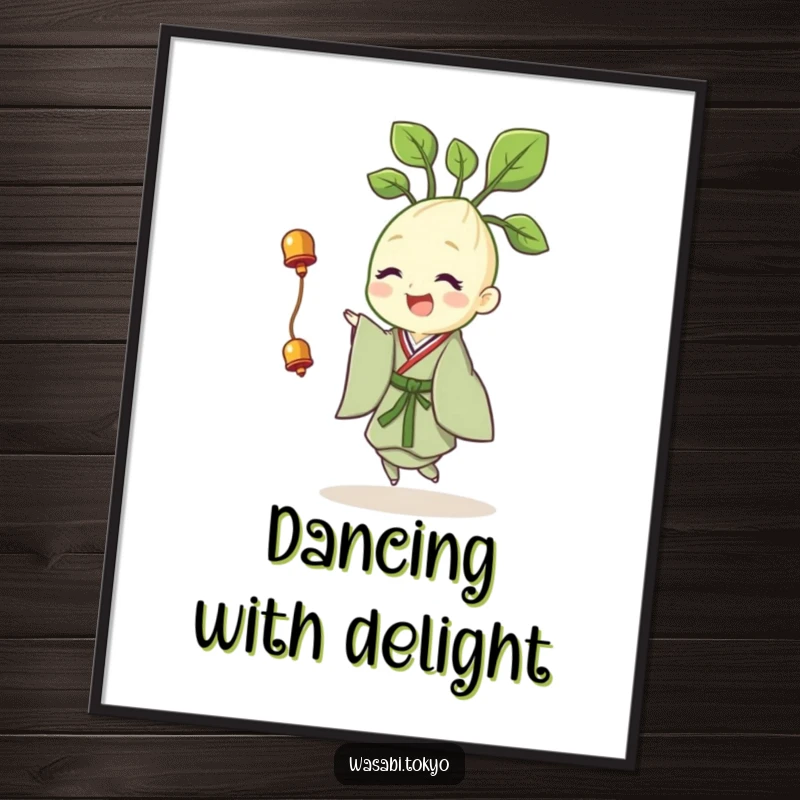 Funny digital art print of a cheerful wasabi sprout in a kimono, happily twirling with a tiny bell, for instant joyful decor.