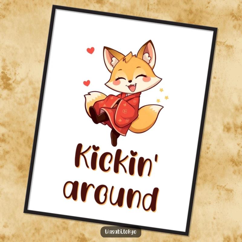 Funny, joyful fox in a red kimono performing a playful kick, high-resolution digital art print for vibrant, humorous wall decor.