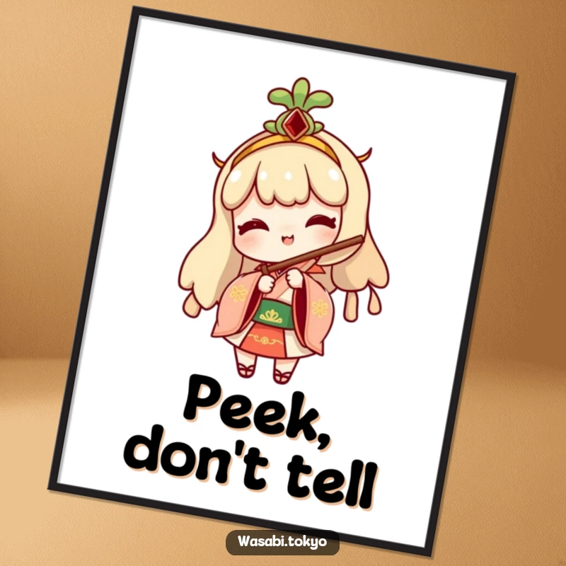 Funny digital art print of a cheeky wasabi character in traditional attire, playfully peeking from behind a folding fan, for humorous decor.