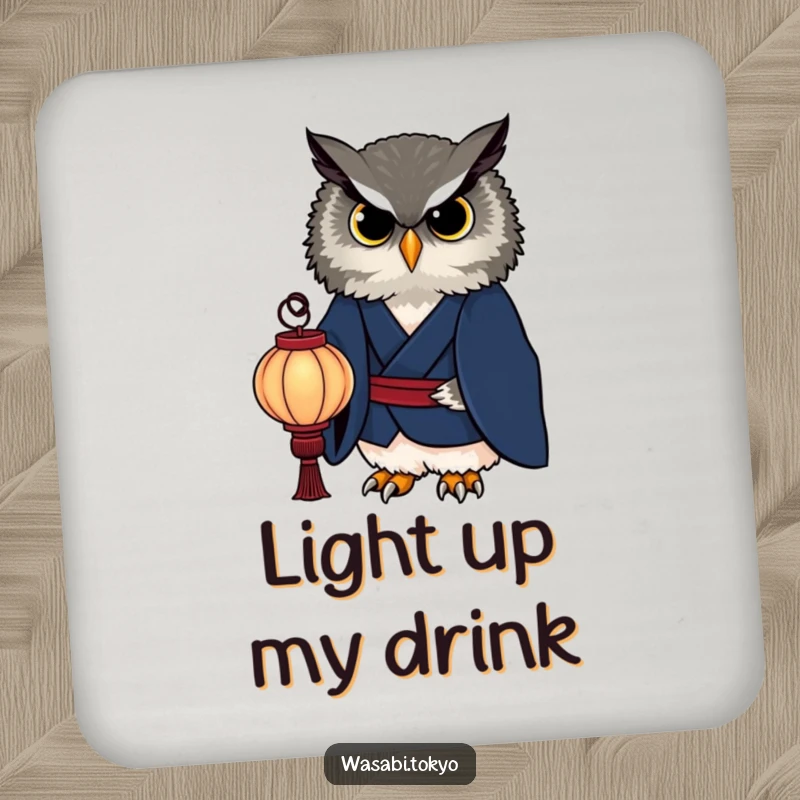 Funny owl in an indigo kimono holding a paper lantern on a drink coaster, offering elegant protection and wise humor, a great funny gift.