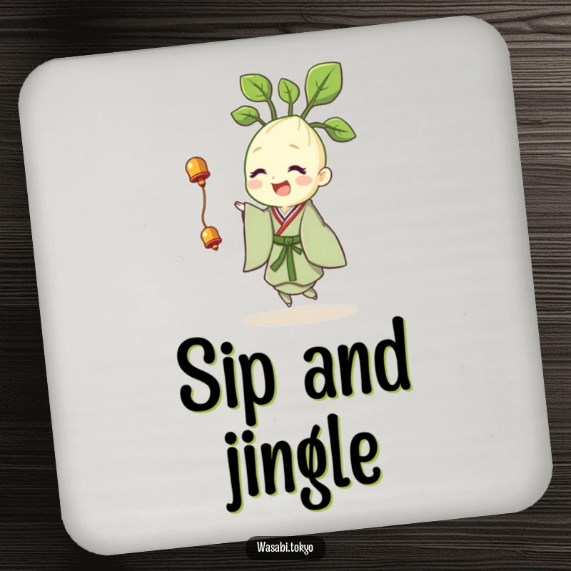 Funny drink coaster featuring a cheerful wasabi sprout in a kimono, happily twirling with a tiny bell, adding humor to tables.