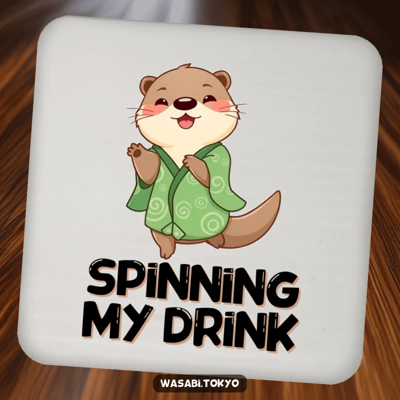Funny playful otter in a green kimono doing a happy spin on a drink coaster, offering fun protection and humor, a great funny gift.