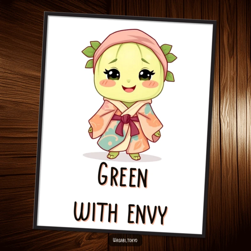 Funny poster art of a smiling wasabi clump wearing a vibrant silk robe and obi, bringing cheerful humor to any wall space.