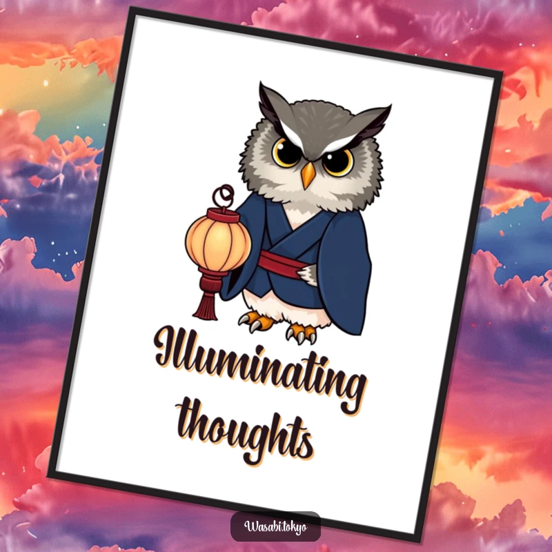 Funny owl in a dark indigo kimono holding a glowing paper lantern, depicted as elegant wall art poster, a sophisticated funny gift.