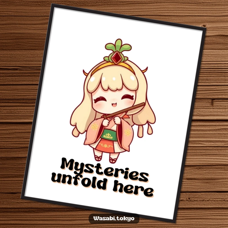 Funny poster art of a cheeky wasabi character in traditional attire, playfully peeking from behind a folding fan, adding a humorous focal point.