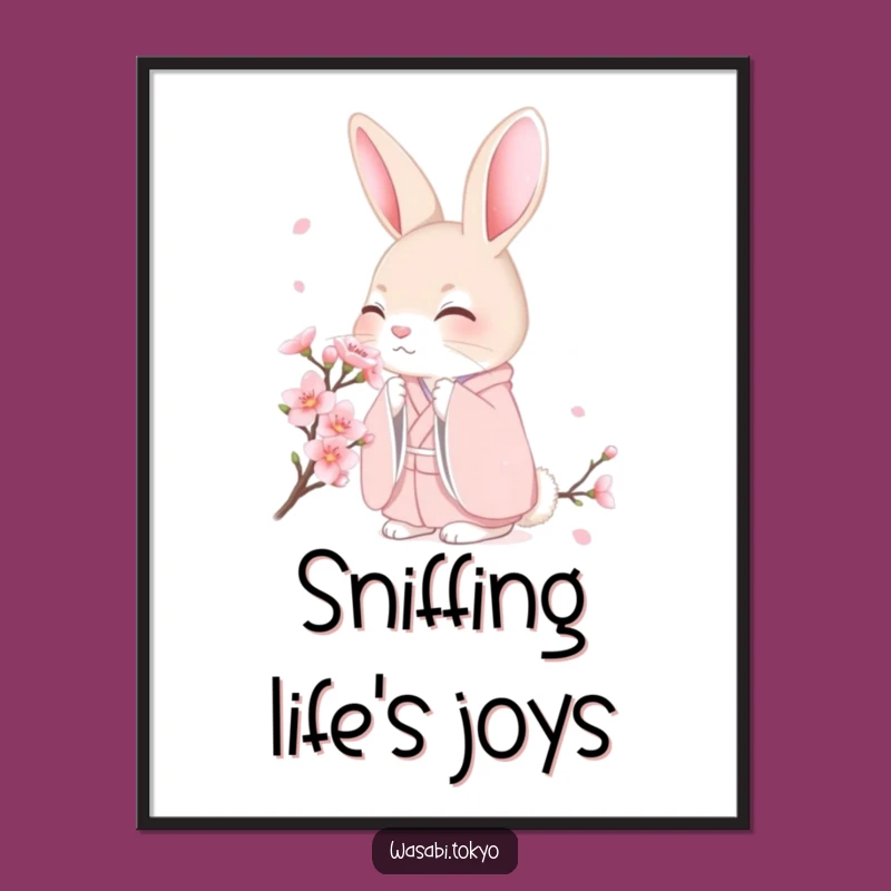 Funny Shy Rabbit Cherry Blossom Poster - Serene Art for a Perfect Gift