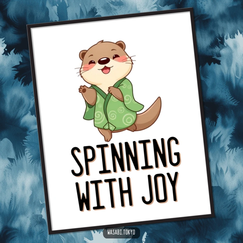 Funny playful otter in a green kimono performing a happy spin, depicted as energetic wall art poster, a fun and funny gift.