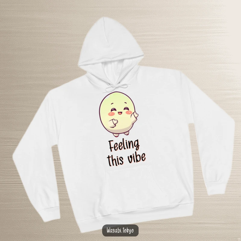 Funny hoodie featuring a small, round wasabi character with a happy expression, gracefully moving its sleeves in a dance.