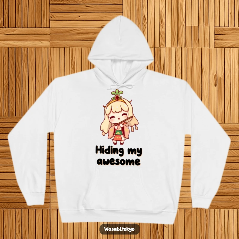 Funny hoodie featuring a cheeky wasabi character in traditional attire, playfully peeking from behind a folding fan, adding a layer of humor.
