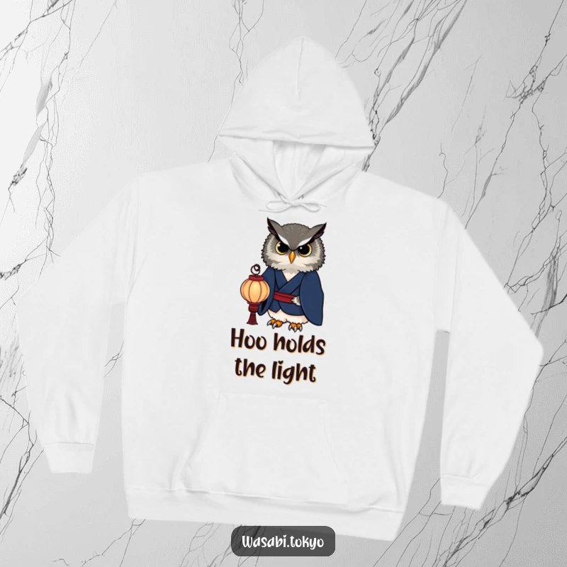 Funny owl in a sophisticated indigo kimono holding a paper lantern on a warm hoodie, combining comfort with wise humor, a great funny gift.