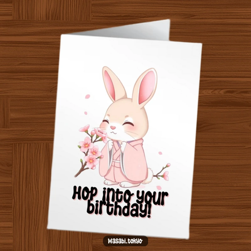 Free Printable Birthday Card: Shy rabbit in pastel pink kimono delicately smelling a cherry blossom, conveying sweet birthday wishes.