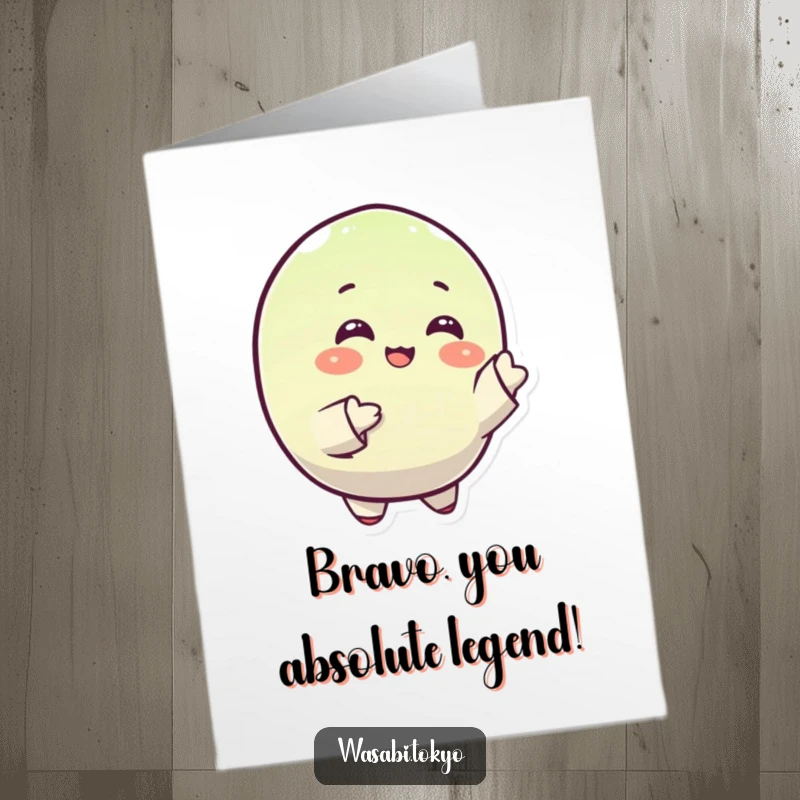 Funny Free Printable Congrats Card: A small, round, happy wasabi character gracefully gesturing with sleeves to convey congratulations.