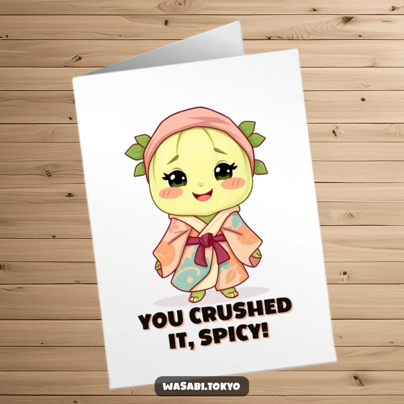 Funny Free Printable Congrats Card: Cute smiling wasabi clump in a flowing silk robe, celebrating your fantastic achievement with grace.