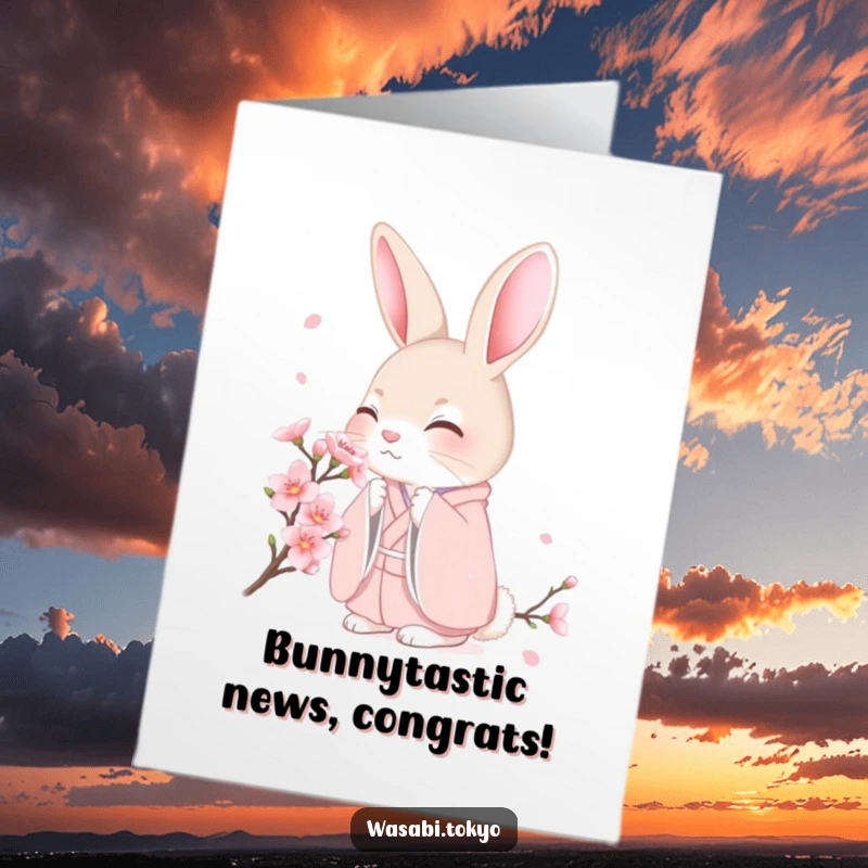Free Printable Congrats Card: Shy rabbit in a pink kimono delicately smelling a cherry blossom, celebrating success with grace.