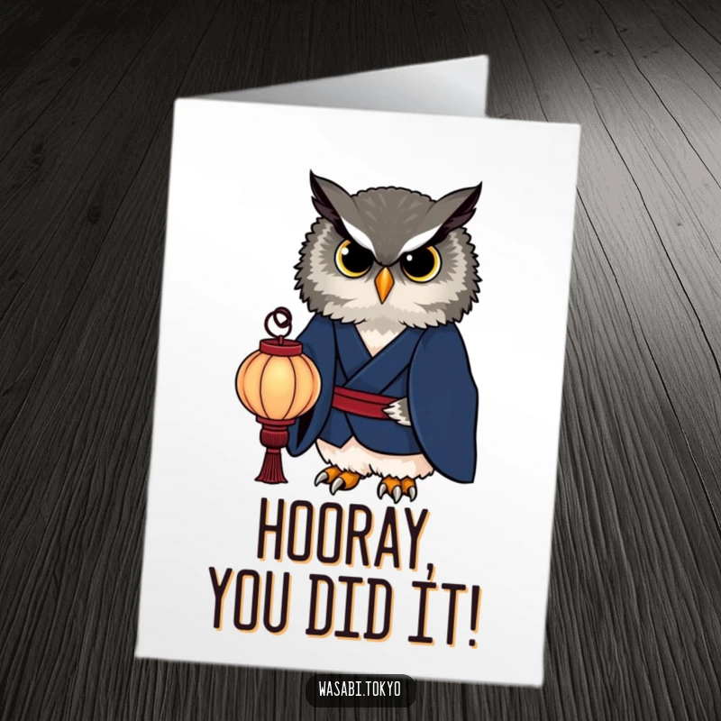 Free Printable Congrats Card: Sophisticated owl in an indigo kimono holds a paper lantern, celebrating a notable accomplishment.