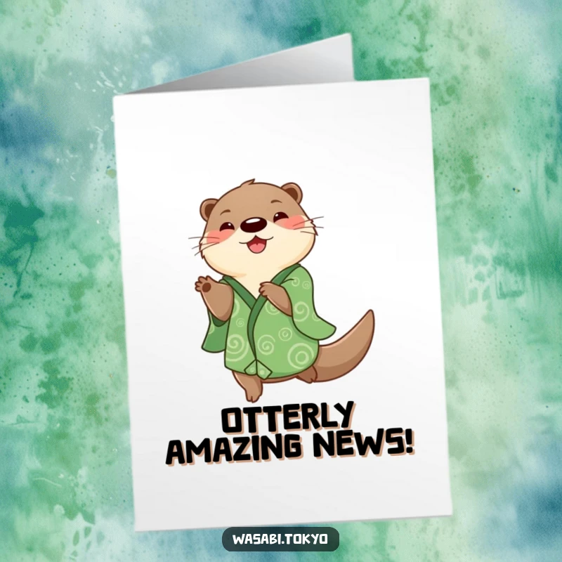 Free Printable Congrats Card: Playful otter in a patterned green kimono performs a happy spin, celebrating achievements with zest.