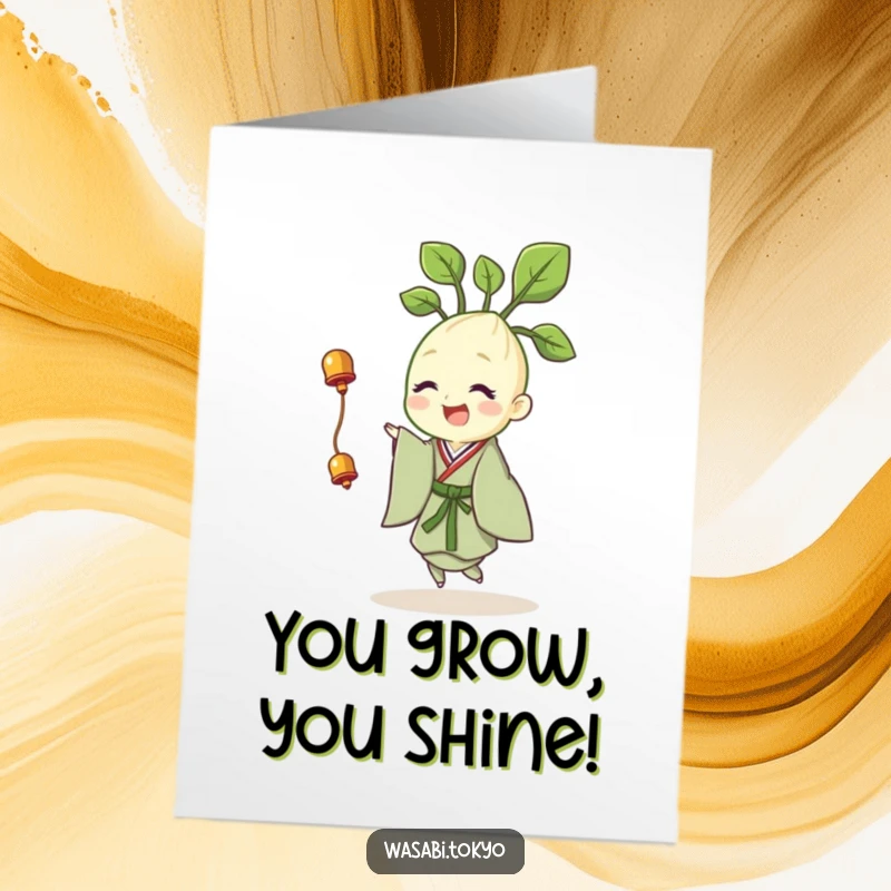Funny Free Printable Congrats Card: A cheerful wasabi sprout in a kimono, gracefully twirling with a tiny bell to celebrate.