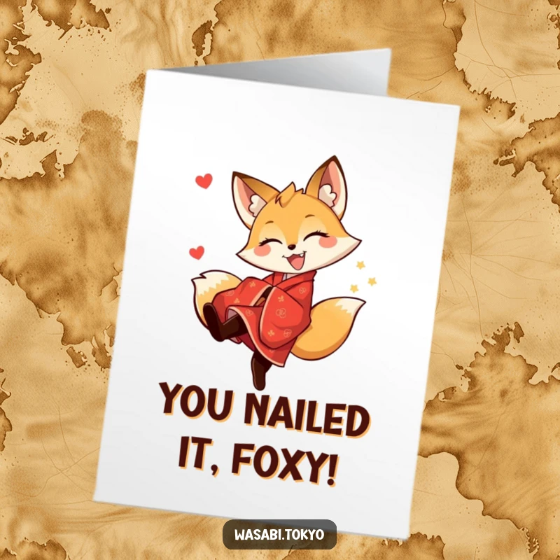 Funny Free Printable Congrats Card: Energetic fox in a red kimono performing a celebratory kick, cheering on your success.