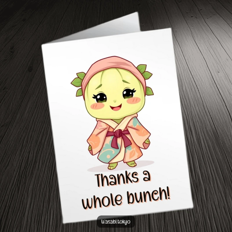 Funny Free Printable Thank You Card: Smiling wasabi clump in a luxurious silk robe, offering sincere thanks with a touch of humor.