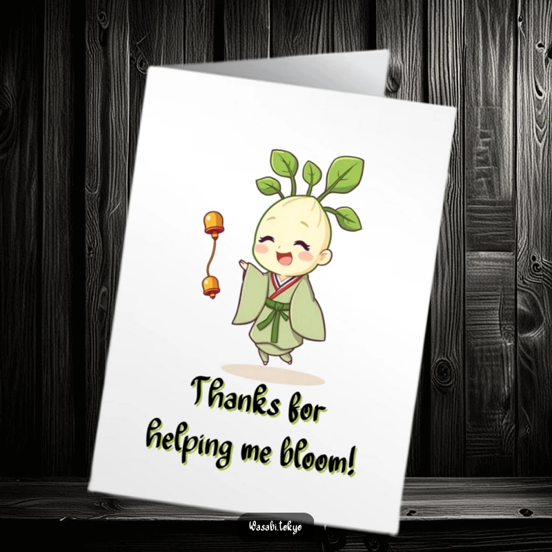 Funny Free Printable Thank You Card: A cheerful wasabi sprout in a kimono, twirling with a tiny bell to express thanks.