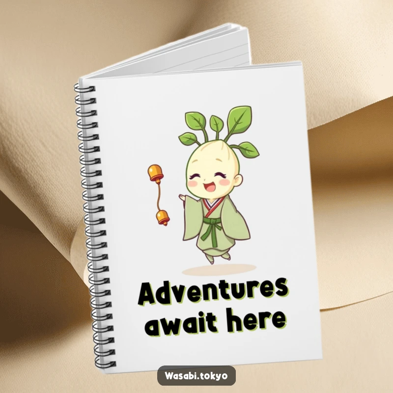 Funny notebook with a cheerful wasabi sprout in a kimono, happily twirling with a tiny bell, ideal for jotting notes.