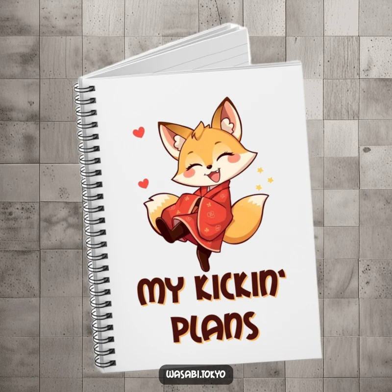 Funny fox in a red kimono in a playful kick pose on a notebook cover, ideal for journaling and as a funny gift.