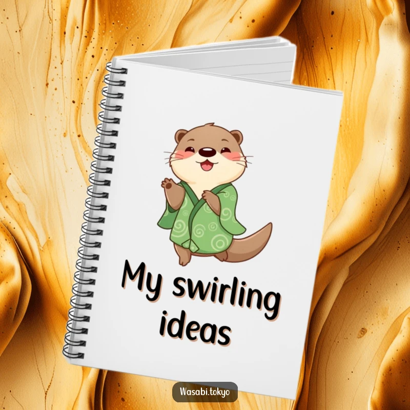 Funny otter in a green kimono doing a happy spin on a notebook cover, ideal for energetic journaling and as a funny gift.