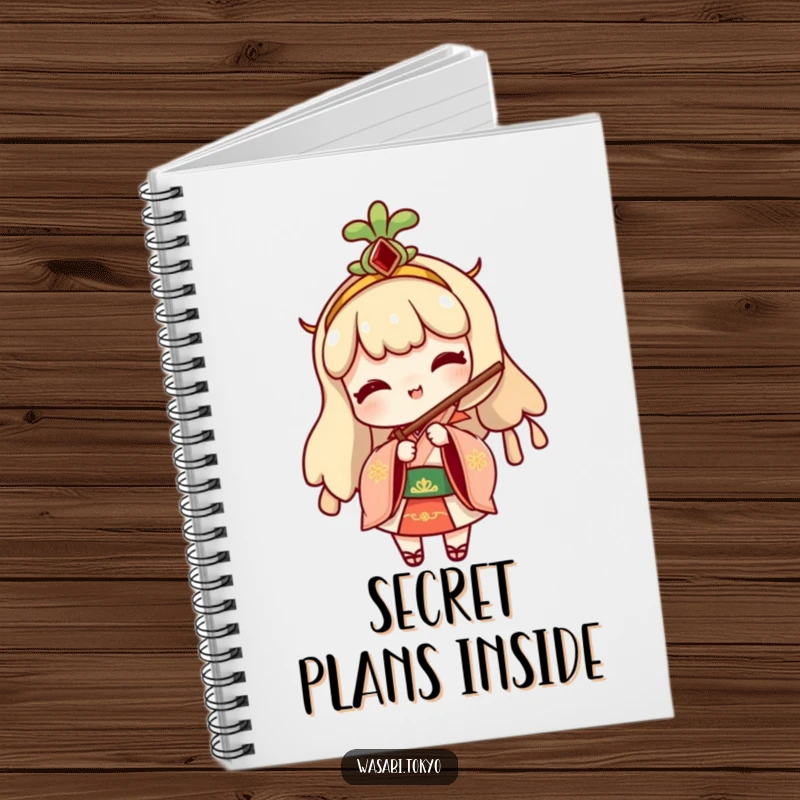 Funny notebook with a cheeky wasabi character in traditional attire, playfully peeking from behind a folding fan, ideal for jotting notes.