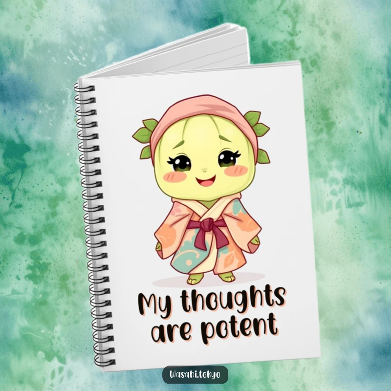 Funny notebook with a smiling wasabi clump wearing a silk robe and obi, ready to capture notes with style and humor.