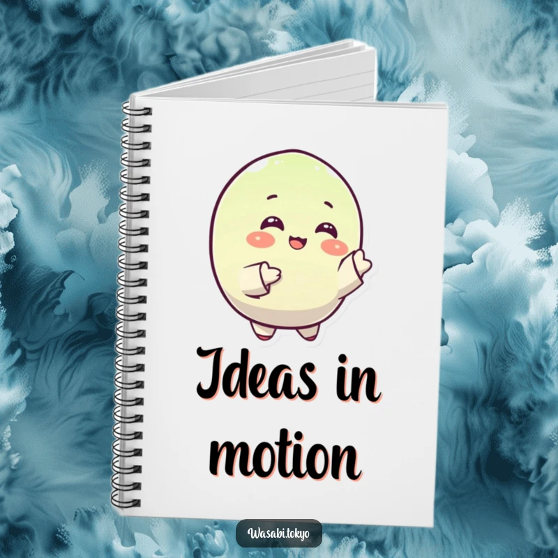 Funny notebook with a small, round, happy wasabi character gracefully gesturing with its sleeves, ideal for jotting down notes with glee.