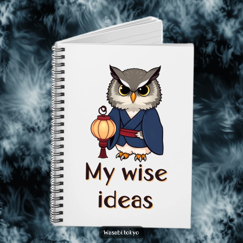Funny owl in a dark indigo kimono holding a paper lantern on a notebook cover, ideal for journaling wise thoughts and as a funny gift.