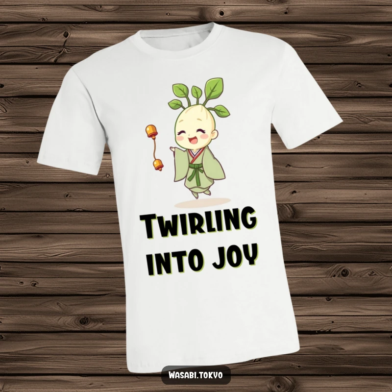 Funny t-shirt showcasing a cheerful wasabi sprout in a kimono, joyfully twirling with a tiny bell, capturing a moment of pure delight.