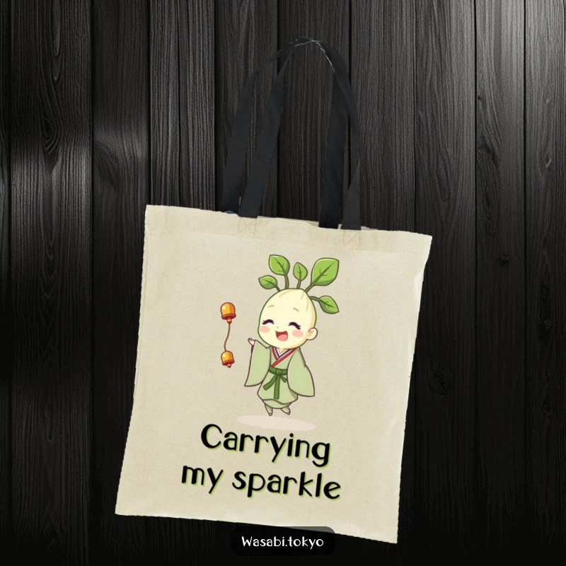 Funny tote bag with a cheerful wasabi sprout in a kimono, happily twirling with a tiny bell, perfect for carrying items with joy.