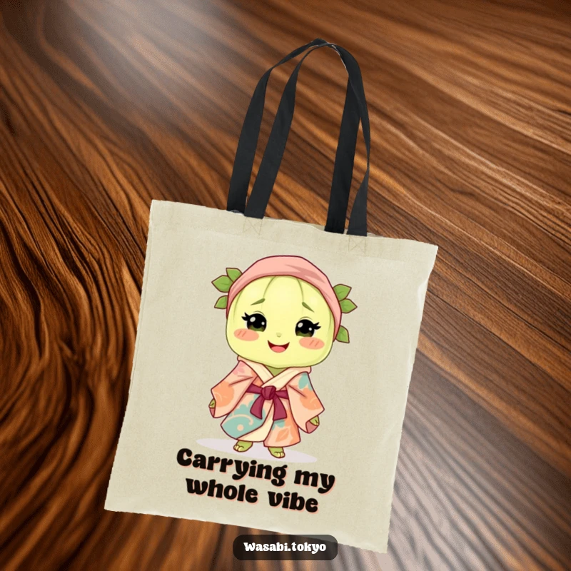 Funny tote bag featuring a smiling wasabi clump elegantly dressed in a colorful silk robe and obi, ideal for stylish, humorous carrying.