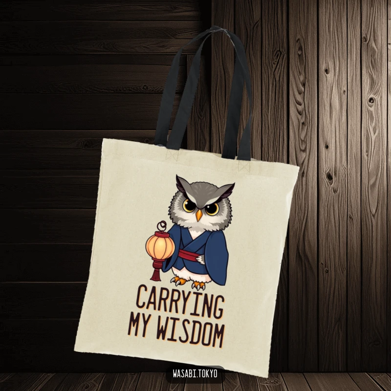 Funny owl in an indigo kimono holding a paper lantern on a practical tote bag, a stylish and humorous accessory, an excellent funny gift.