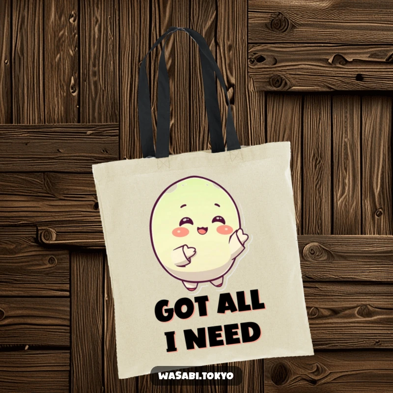 Funny tote bag with a small, round, happy wasabi character gracefully gesturing with its sleeves, perfect for carrying items with cheer.